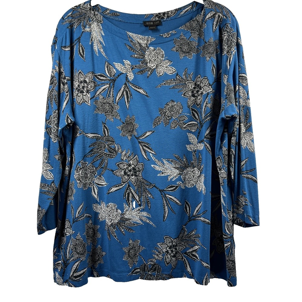 J Jill Wearever Top Size L Floral Blue Black‎ White 3/4 Sleeves Pullover Stretch